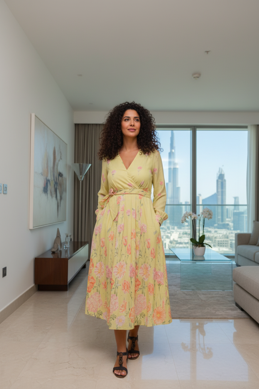 Floral Meadow V-Neck Midi Dress