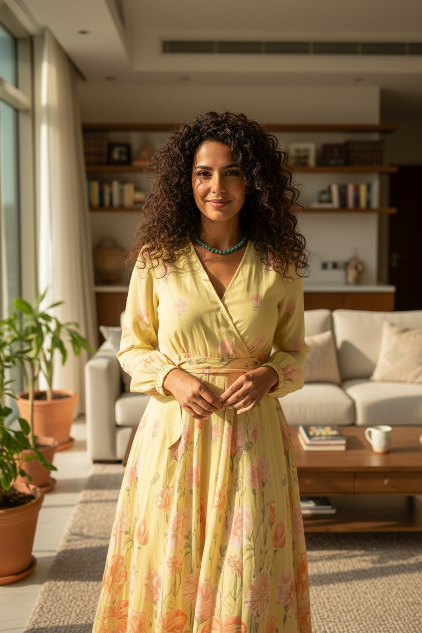 Floral Meadow V-Neck Midi Dress