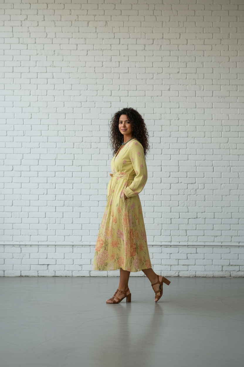 Floral Meadow V-Neck Midi Dress