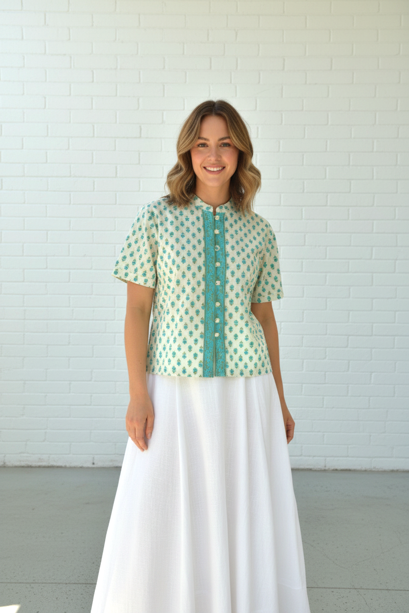 Aqua Meadow Button-Front Top